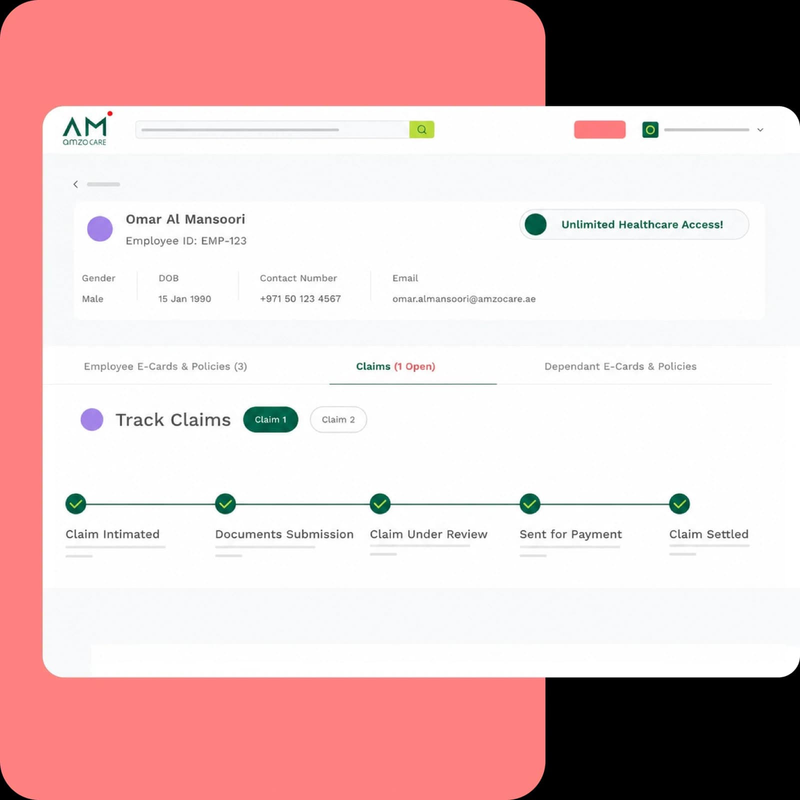 Emirates ID claim tracking in the AmzoCare HR workspace