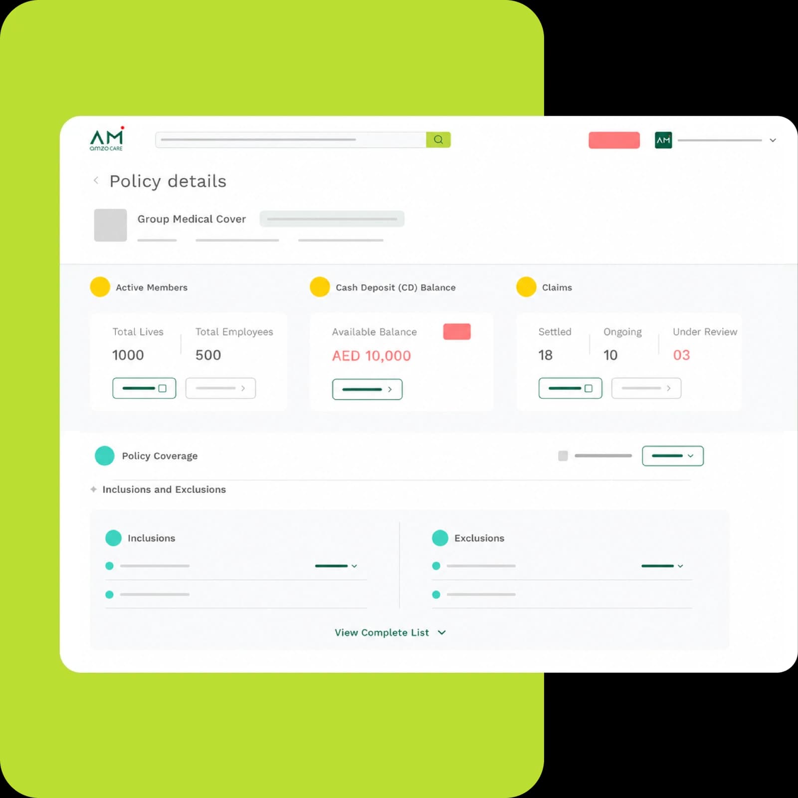 Daman policy details in the AmzoCare HR workspace