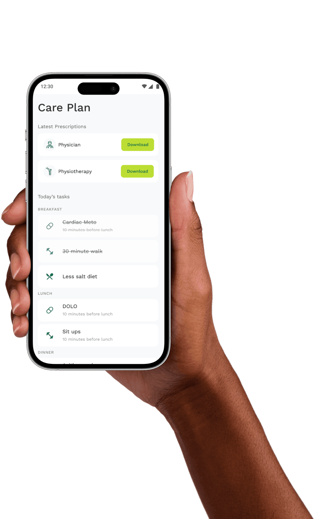 A hand holding the AmzoCare care app