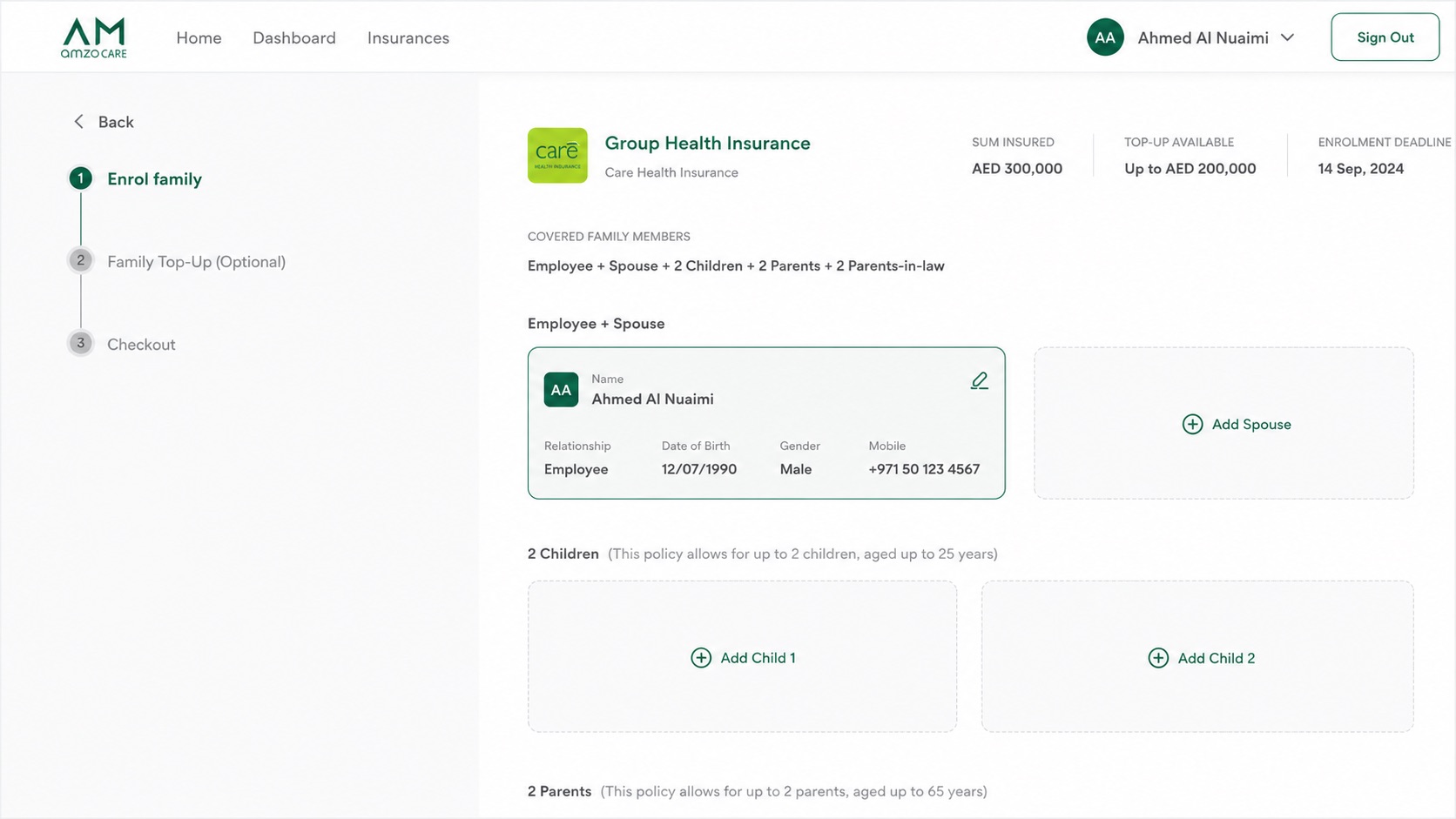 AmzoCare insurance dashboard