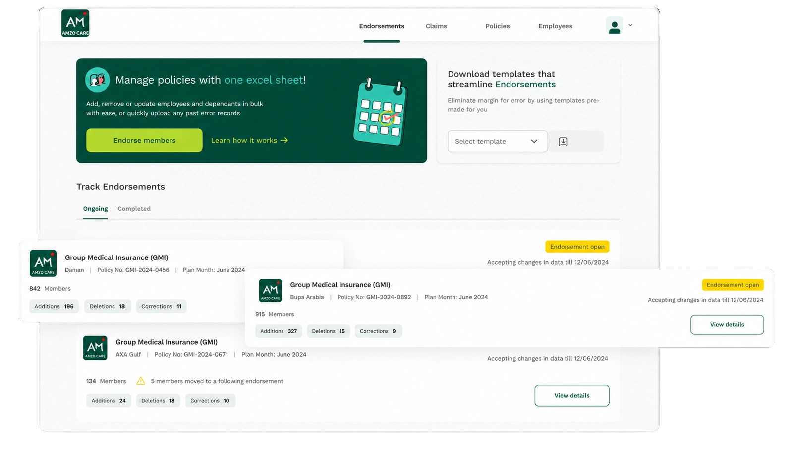 AmzoCare HR insurance dashboard