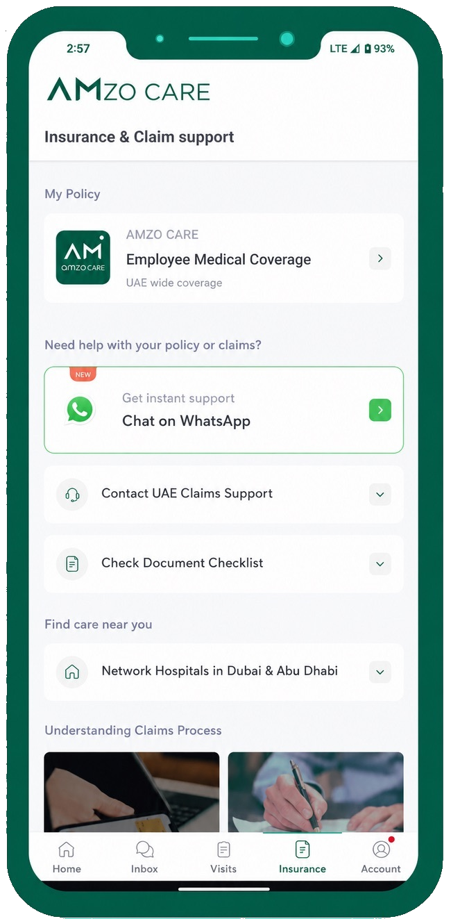 Claims support screen in AmzoCare app